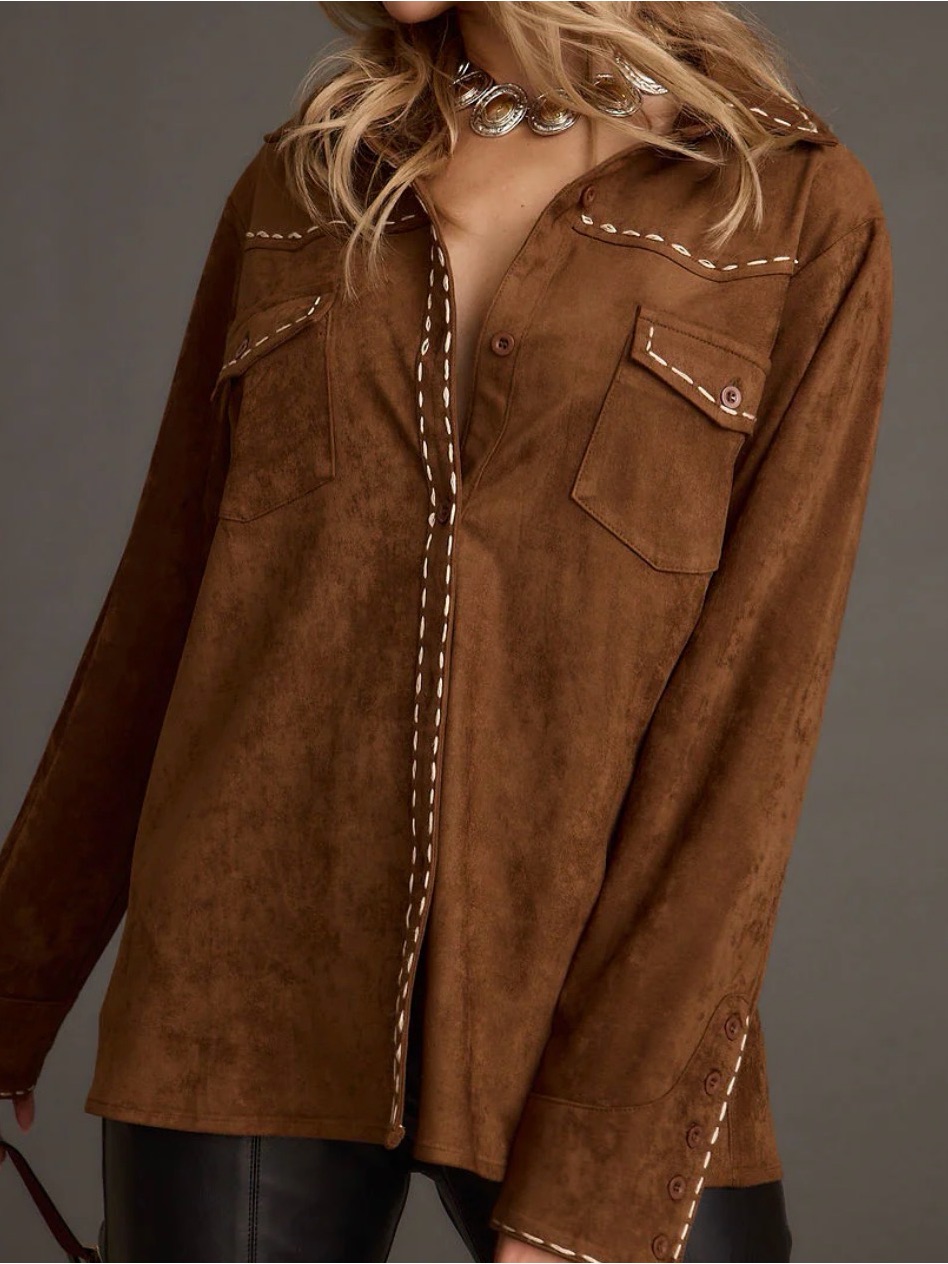 12th Tribe Brown Faux-Suede Button-Down Shirt With Contrast Stitching